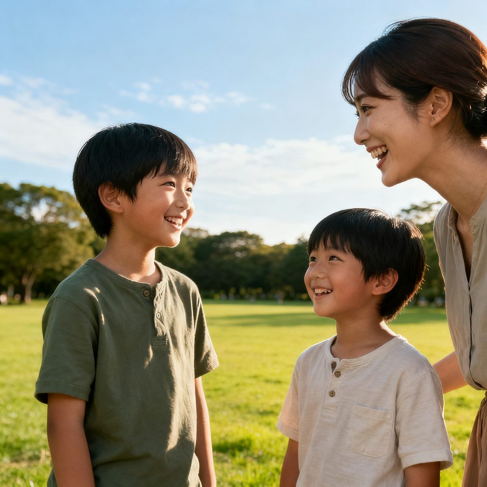 親子が公園で笑顔で話す様子